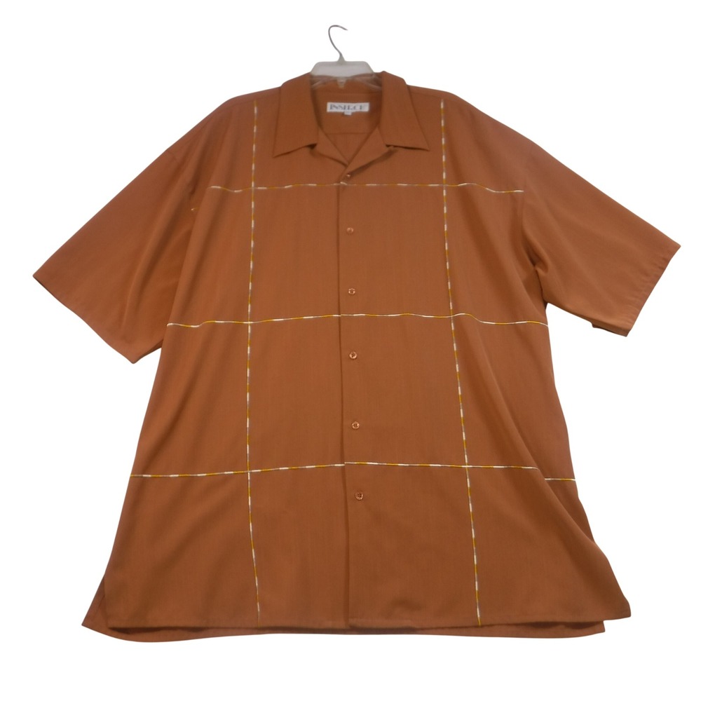 Inserch Mens 3XL Rust Orange Embroidered Grid Short Sleeve Button Down Shirt